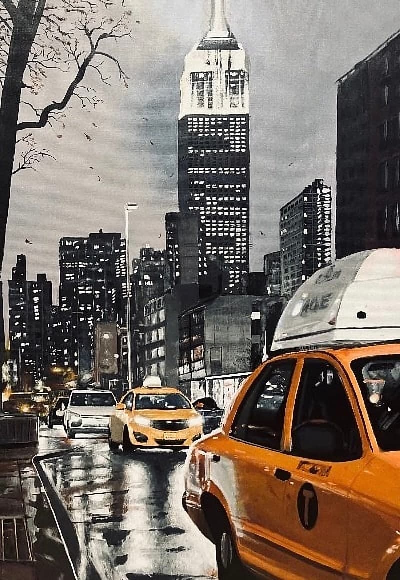 New York City painting: yellow taxis on a wet street below the Empire State Building