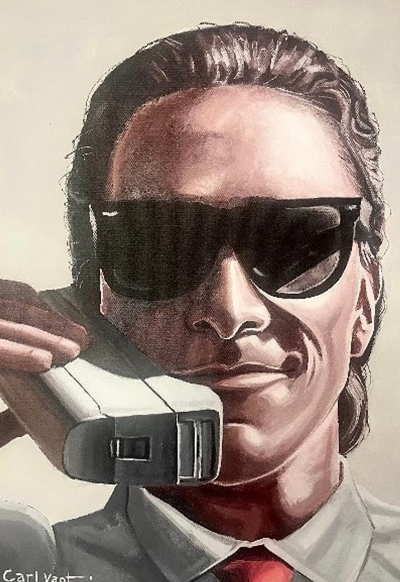 The CEO painting: a man in sunglasses and a red tie holding a camcorder