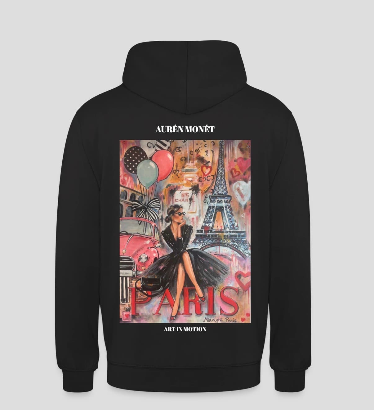 Midnight Paris hoodie — black, full-color print