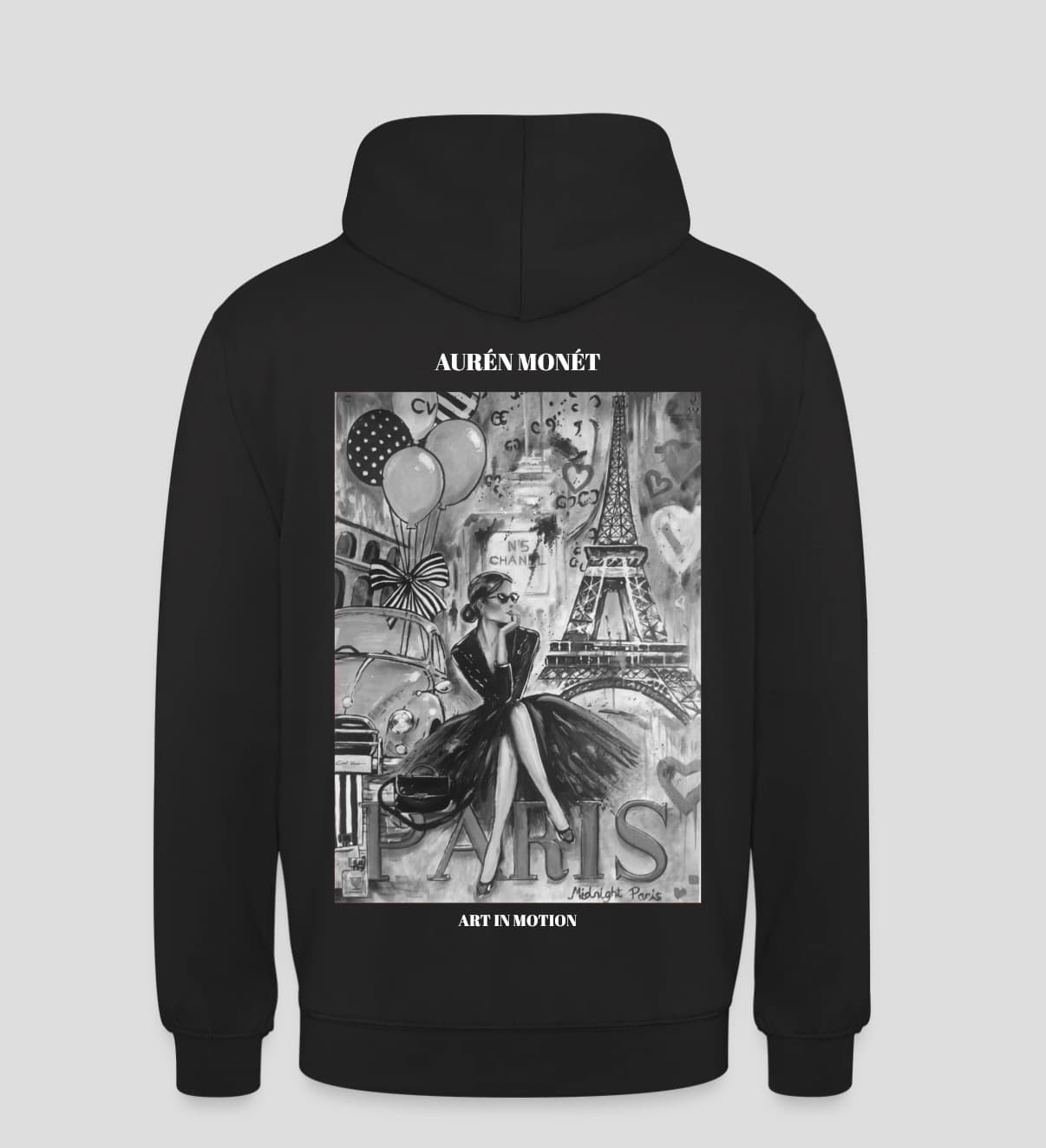 Midnight Paris hoodie — black, black & white print